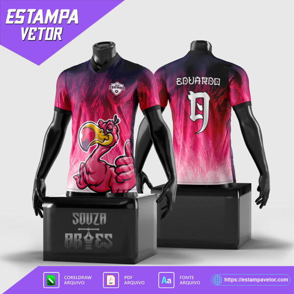 Design de camisa InterClasse 2024-2025 com flamingo rosa, em vetor, nos formatos Corel Draw X7, PDF e fonte TTF inclusa.