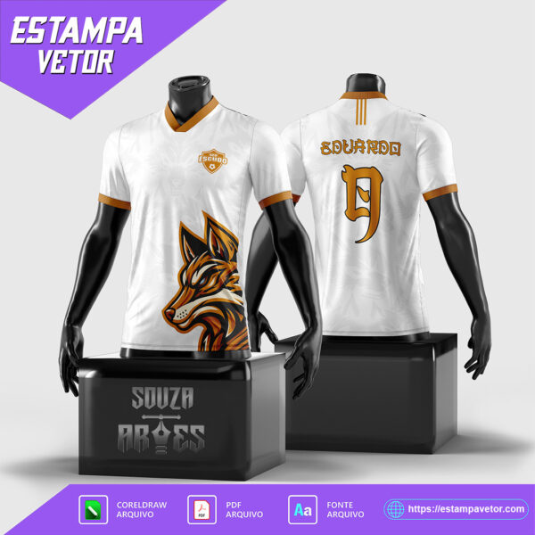 Design de Arte Vetor para Camisa Interclasse Lobo Mod 1, disponível em formatos Corel Draw X7, PDF e TTF, com design inspirado na força e liderança do lobo.