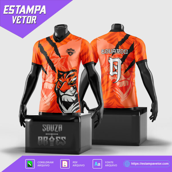 Design vetorizado da Camisa InterClasse Tigre Laranja em formatos Corel Draw X7, TTF e PDF, ideal para personalização de camisas.