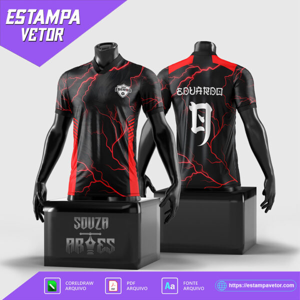 Arte Vetor de camisa com design de raios vermelhos para personalização Interclasse 2024-2025.