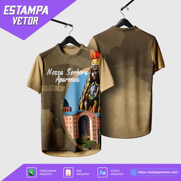 Design vetorial da Arte Camisa Religião Nossa Senhora Aparecida 2025, editável em Corel Draw e PDF.