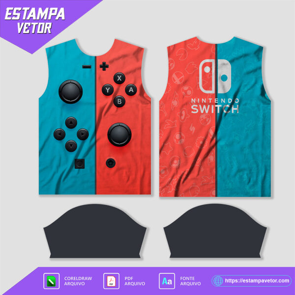 Estampa vetorizada de camisa com tema Nintendo Switch, em formatos Corel Draw X7 e PDF, perfeita para personalização e impressão de alta qualidade.