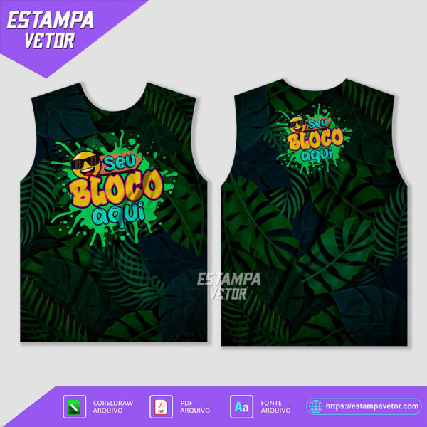 Ilustração de um abadá de bloco de carnaval personalizado, com design colorido e moderno, ideal para impressão por sublimação. A imagem mostra detalhes do padrão tropical com cores vibrantes e elementos festivos.