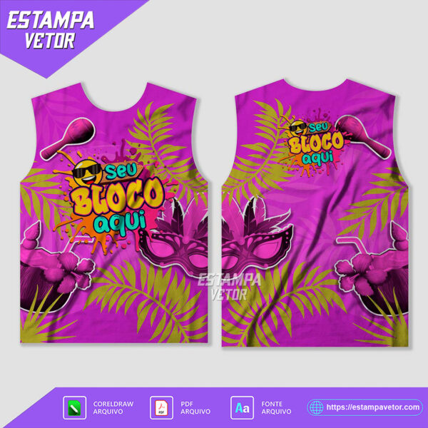 Ilustração de um abadá de bloco de carnaval personalizado, com design colorido e moderno, ideal para impressão por sublimação. A imagem mostra detalhes do padrão tropical com cores vibrantes e elementos festivos.
