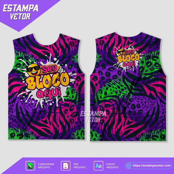 Ilustração de um abadá de bloco de carnaval personalizado, com design colorido e moderno, ideal para impressão por sublimação. A imagem mostra detalhes do padrão tropical com cores vibrantes e elementos festivos.