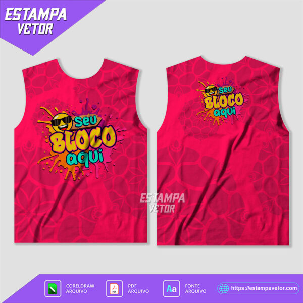 Ilustração de um abadá de bloco de carnaval personalizado, com design colorido e moderno, ideal para impressão por sublimação. A imagem mostra detalhes do padrão tropical com cores vibrantes e elementos festivos.
