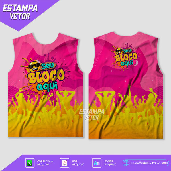 Ilustração de um abadá de bloco de carnaval personalizado, com design colorido e moderno, ideal para impressão por sublimação. A imagem mostra detalhes do padrão tropical com cores vibrantes e elementos festivos.