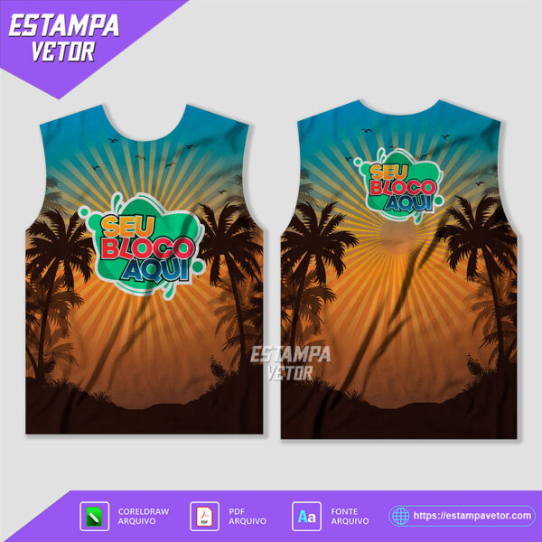 Ilustração de um abadá de bloco de carnaval personalizado, com design colorido e moderno, ideal para impressão por sublimação. A imagem mostra detalhes do padrão tropical com cores vibrantes e elementos festivos.