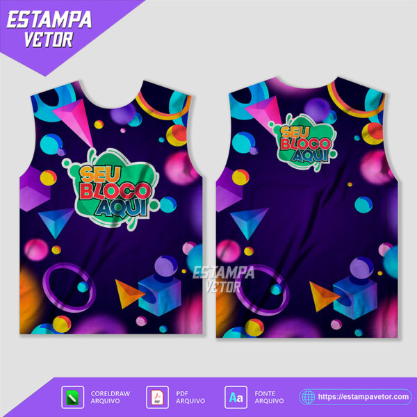 Ilustração de um abadá de bloco de carnaval personalizado, com design colorido e moderno, ideal para impressão por sublimação. A imagem mostra detalhes do padrão tropical com cores vibrantes e elementos festivos.