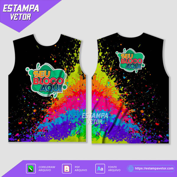 Ilustração de um abadá de bloco de carnaval personalizado, com design colorido e moderno, ideal para impressão por sublimação. A imagem mostra detalhes do padrão tropical com cores vibrantes e elementos festivos.