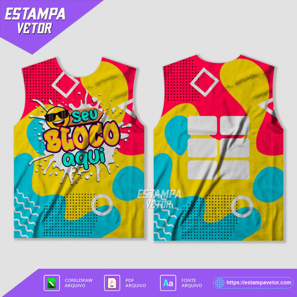 Arte Vetor Camisa Abadá Bloco Carnaval 2025 para sublimação, em formato editável, ideal para personalizar abadás de blocos carnavalescos.