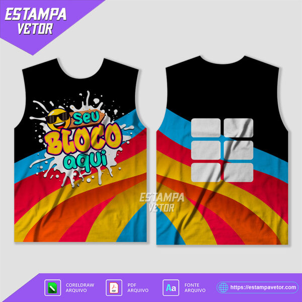 Arte Vetor Camisa Abadá Bloco Carnaval 2025 para sublimação, em formato editável, ideal para personalizar abadás de blocos carnavalescos.
