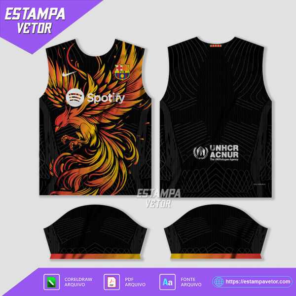 Design vetorizado da Camisa Barcelona Conceito Águia 2024 - 2025 em formatos Corel Draw X7 e PDF, ideal para personalização de camisas temáticas do Barcelona.