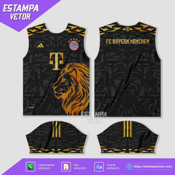 Arte Vetor Camisa Bayern de Munique Conceito Leão Dourado 2024, design digital em formato Corel Draw X7 e PDF, 100% editável.
