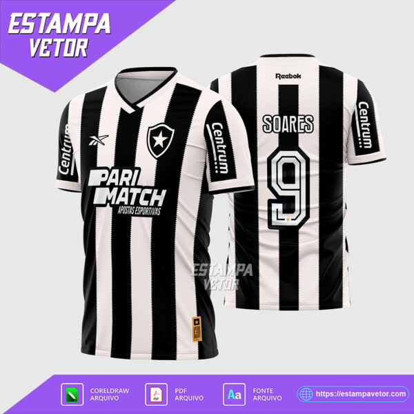 Design digital vetorizado da camisa titular do Botafogo para a temporada 2024-25, disponível em Corel Draw X7, PDF e TTF.