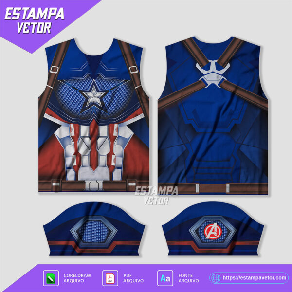 Arte Vetor Camisa Capitão América - Avengers disponível nos formatos Corel Draw X7 e PDF. Design exclusivo para personalização.