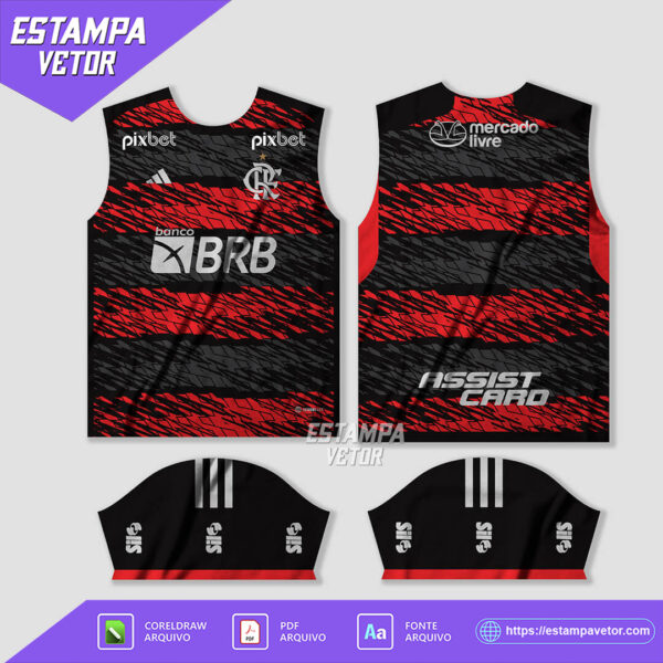 Imagem mostrando a arte vetor conceito da camisa Flamengo 2023-2024, com design exclusivo e moderno, ideal para personalização de itens do Clube de Regatas do Flamengo. Este arquivo digital, disponível para download imediato após a confirmação do pagamento, é totalmente editável e perfeito para criar camisas, moletons, canecas, bandeiras, cadernos e outros produtos personalizados do Flamengo. Destaque-se com uma arte única que celebra o orgulho de ser rubro-negro.