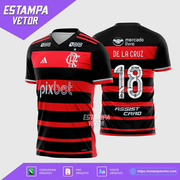 Arte Vetor Camisa Flamengo Titular 2024-2025 - Design editável nos formatos Corel Draw X7, PDF e TTF.