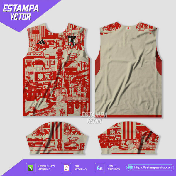 Imagem da Arte Vetor Camisa Japão Conceito Tokyo 2023-24, destacando um design inspirado na cidade de Tokyo, disponível nos formatos Corel Draw X7 e PDF.