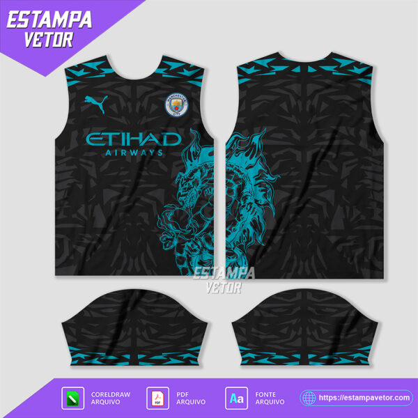 Arte Vetor Camisa Manchester City Conceito Dragon Blue 2024, design digital em formato Corel Draw X7 e PDF, 100% editável.
