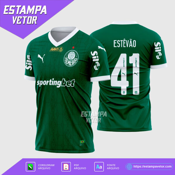 Arte Vetor Camisa Palmeiras Titular 2025-2026 nos formatos Corel Draw X7 e PDF para personalização.