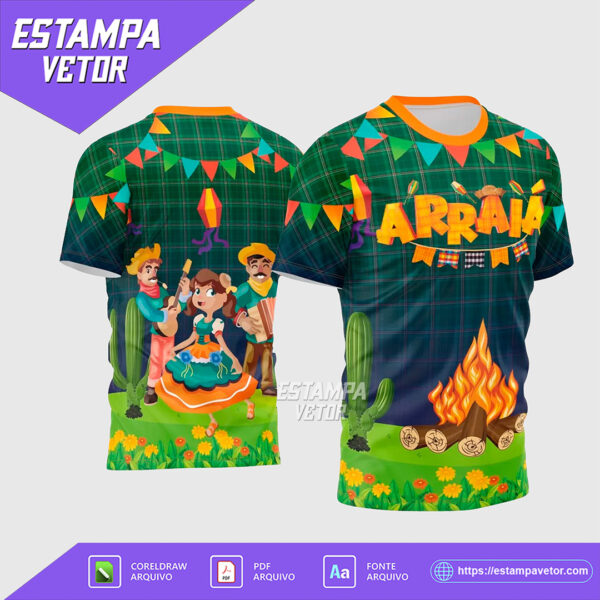 Estampa Vetor de Camisa temática São João 2025 com elementos juninos em vetor editável no Corel Draw X7