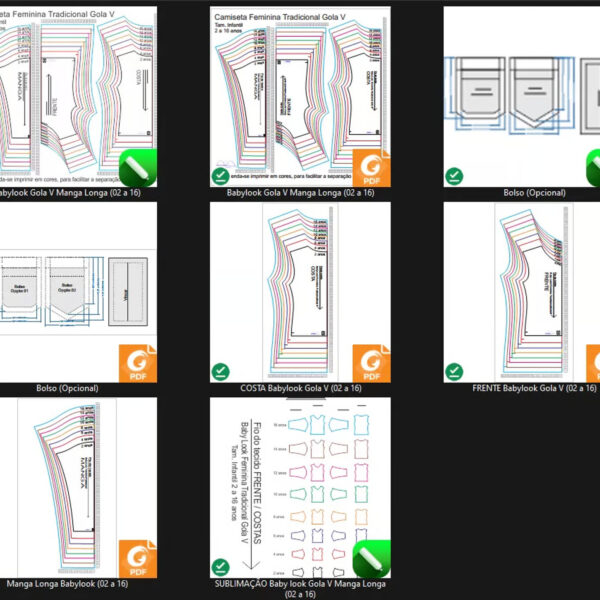 Molde de Costura Para Imprimir Camiseta Infantil - 10 - Baby Look Tradicional Gola V Manga Longa ( 02 a 16 anos )