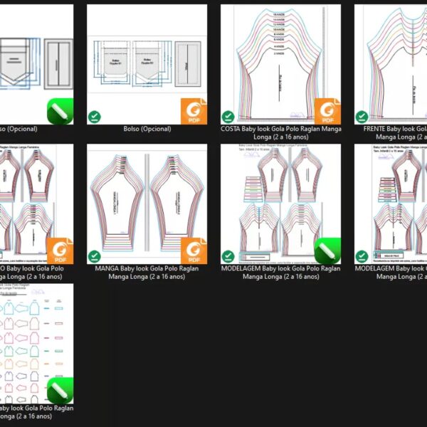 Molde de Costura Para Imprimir Camiseta Infantil - 13 - Baby look Gola Polo Raglan Manga Longa (2 a 16 anos)