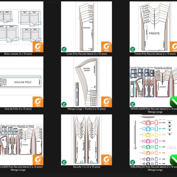 Molde de Costura Para Imprimir Camiseta Infantil - 27 - Polo Tradicional Recorte Retangular Lateral Manga Longa (2 a 16 anos)