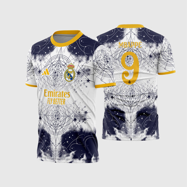 Arte Template Camisa Interclasse Real Madrid Branca Estampa Galáctica Estrelas e Geometria Mbappé para Sublimação