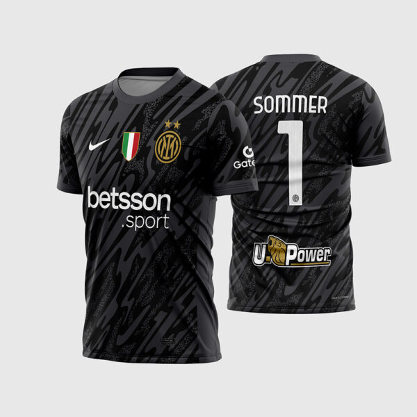 Arte Vetor Camisa Inter de Milão Goleiro III 2024 2025 Preta Logos Dourados Yann Sommer Scudetto Duas Estrelas para Sublimação