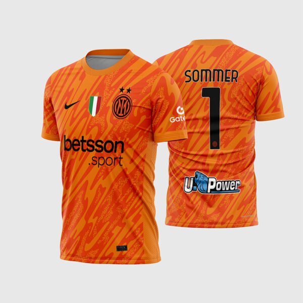 Arte Vetor Camisa Inter de Milão Goleiro II 2024 2025 Laranja Yann Sommer Scudetto Duas Estrelas Logos Pretos para Sublimação