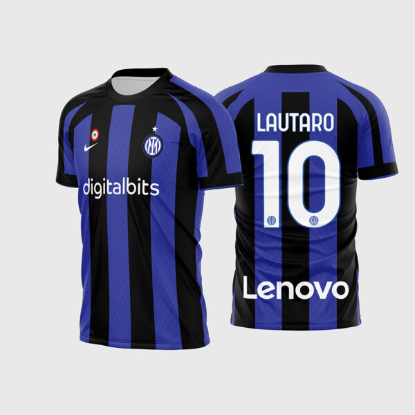 Arte Vetor Camisa Inter de Milão Local 2022 2023 Listras Pretas e Azuis Lautaro para Sublimação