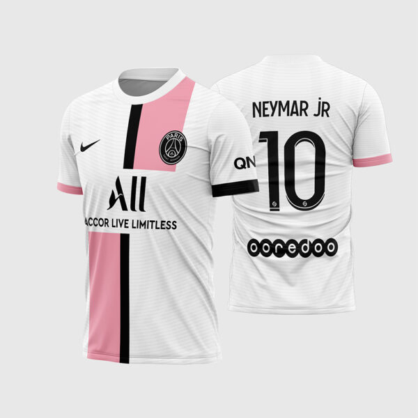 Arte Vetor Camisa Paris Saint Germain PSG Reserva Away 2021 2022 Branca Faixa Rosa e Preta Messi para Sublimação