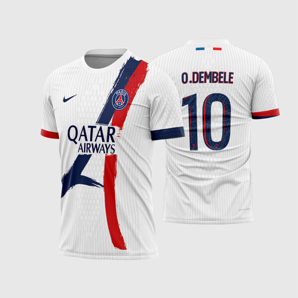Arte Vetor Camisa Paris Saint Germain PSG Reserva Away 2024 2025 Branca Grafismo Torre Eiffel Pinceladas para Sublimação