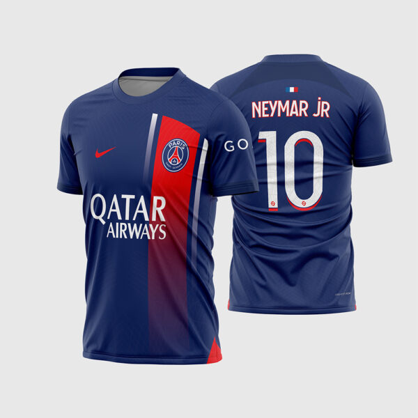 Arte Vetor Camisa Paris Saint Germain PSG Titular Home 2023 2024 Azul Marinho Faixa Vermelha Degradê para Sublimação