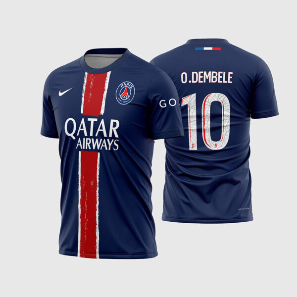 Arte Vetor Camisa Paris Saint Germain PSG Titular Home 2024 2025 Azul Marinho Faixa Hechter Pinceladas para Sublimação