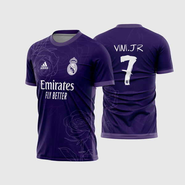 Arte Vetor Camisa Real Madrid 2023 2024 Roxa Estampa Rosas Vini Jr para Sublimação