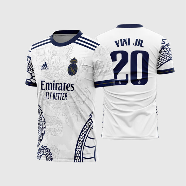 Arte Vetor Camisa Real Madrid Dragão Chinês Branco 2022 Concept Kit Yamamoto para Sublimação