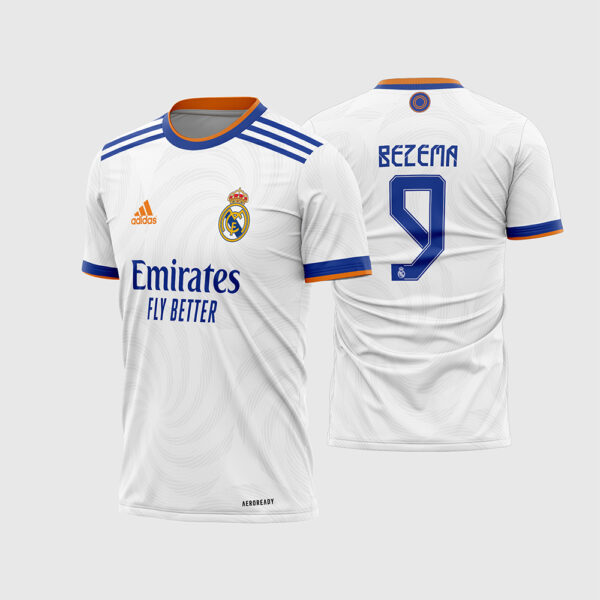 Arte Vetor Camisa Real Madrid Local 2021 2022 Branca Textura Cibeles Benzema para Sublimação