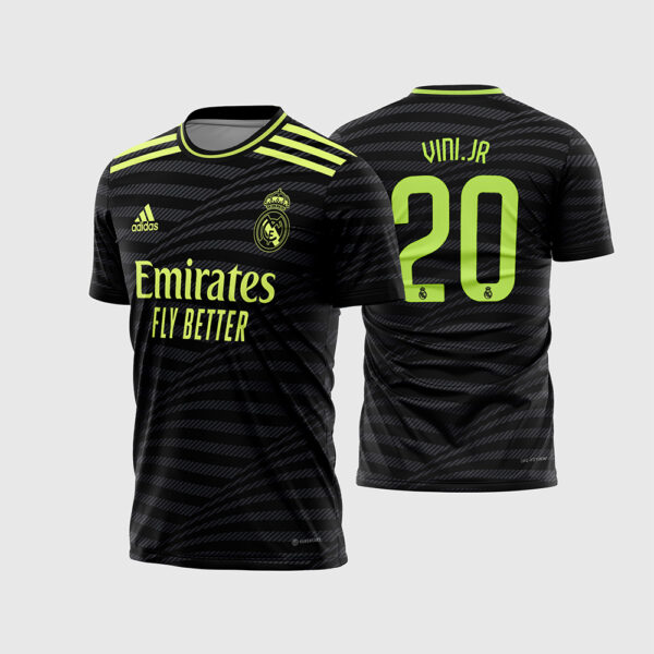 Arte Vetor Camisa Real Madrid Third 2022 2023 Preta Detalhes Lima Novo Bernabéu para Sublimação