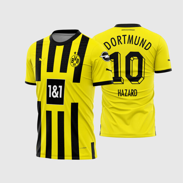 Arte Vetor Camisa Borussia Dortmund Titular 2022 2023 Amarela Listras Pretas para Sublimação