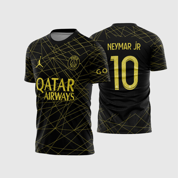 Arte Vetor Quarta Camisa Paris Saint Germain PSG 2022 2023 Preta Linhas Amarelas Jordan Luzes de Paris para Sublimação