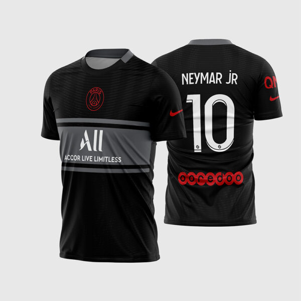 Arte Vetor Camisa Paris Saint Germain PSG III Terceira 2021 2022 Preta Faixa Vermelha Escudo Centralizado para Sublimação