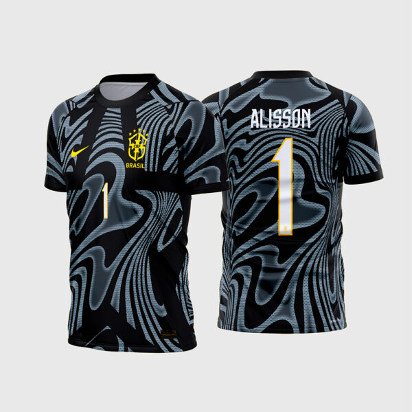 Arte Vetor Template Camisa Brasil Seleção Goleiro 1 Preta Ondas 2026 2028 Copa do Mundo Alisson Oficial para Sublimação