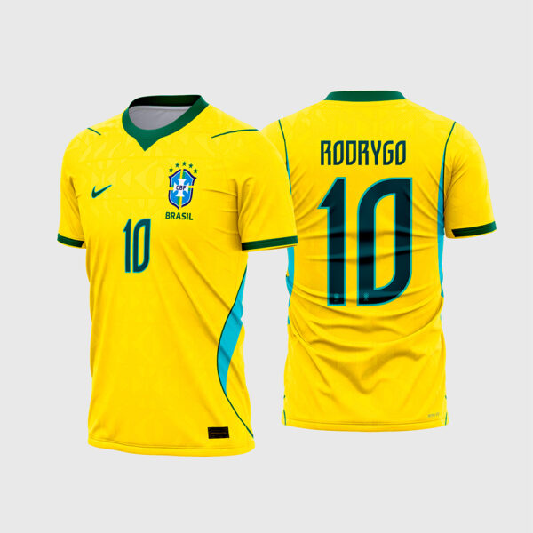 Arte Vetor Template Camisa Brasil Seleção Titular Home 1 Amarela 2026 2028 Copa do Mundo Rodrygo 10 Oficial para Sublimação