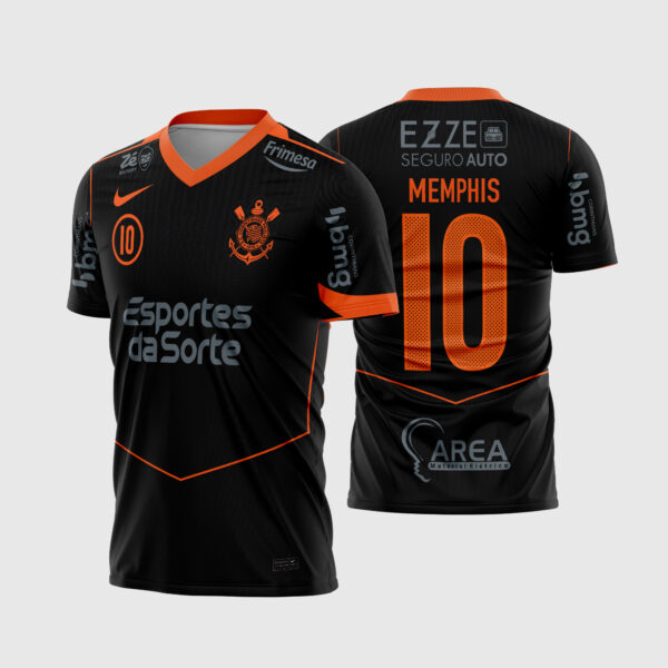 Arte Vetor Template Camisa Corinthians Terceira 3 Preta Laranja 2025 2026 Memphis 10 Futebol para Sublimação