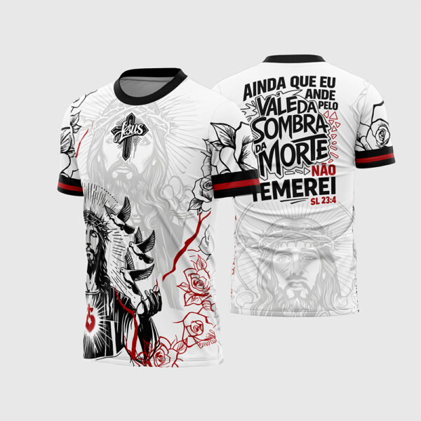 Arte Vetor Template Camisa Interclasse Jesus Cristo Salmo 23 4 Religiosa Branca Rosas Vermelhas Oficial para Sublimação CorelDRAW