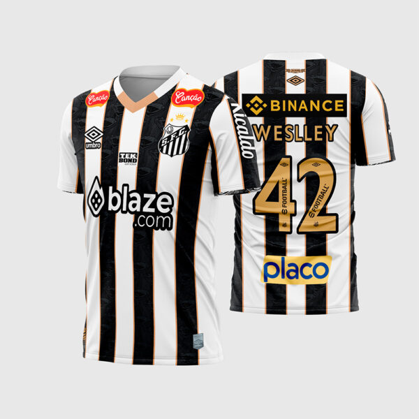 Arte Vetor Template Camisa Santos Reserva Away 2 Listrada Preta Branca Dourada 2024 2025 Weslley 42 Oficial para Sublimação