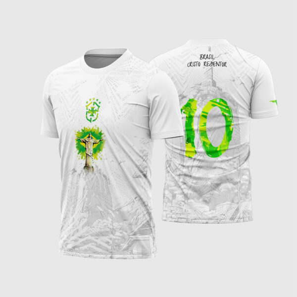 Arte Vetor Camisa de Interclasse Conceito Brasil Seleção Cristo Redentor Branca Verde Amarelo Textura Rio de Janeiro para Sublimação